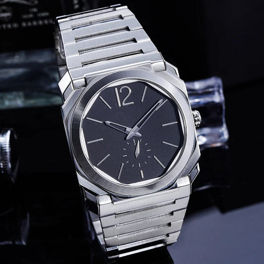 Montre à Quartz Ultra fine pour hommes, boîtier rond octogonal en acier