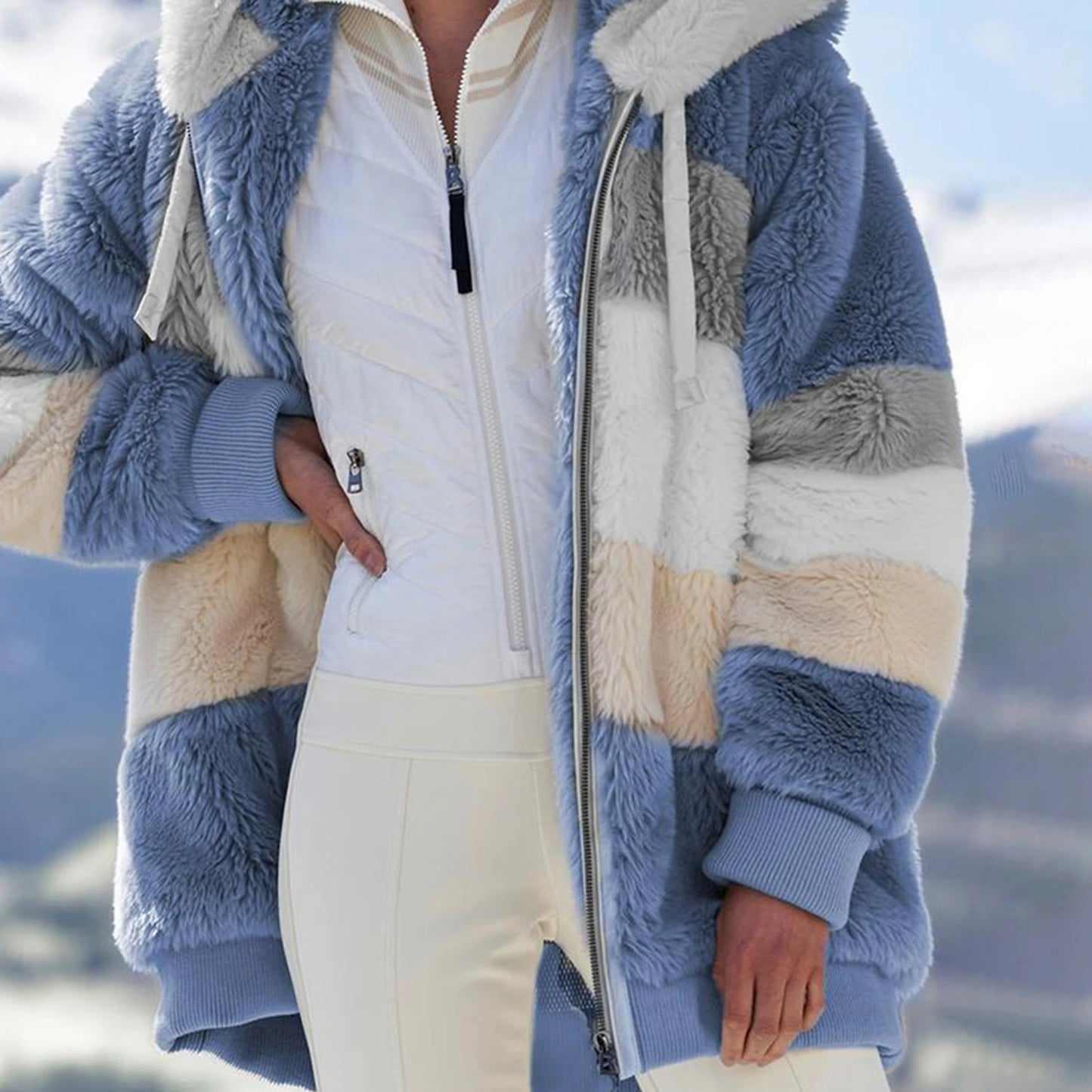 Manteau Rembourré Contrasté Ample et Épais en Peluche Coupe-Vent