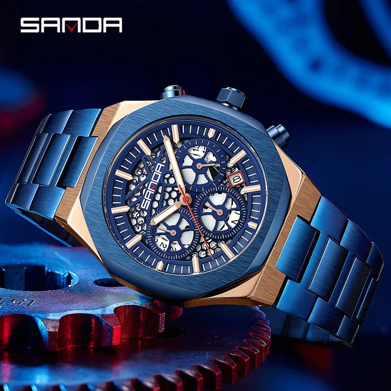 Sanda-Montre-bracelet avec bracelet en acier inoxydable pour homme d'affaires