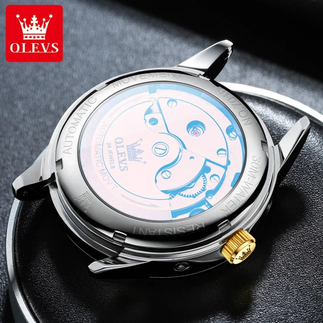 OLEVS-Montre mécanique en acier inoxydable, bracelet de montre