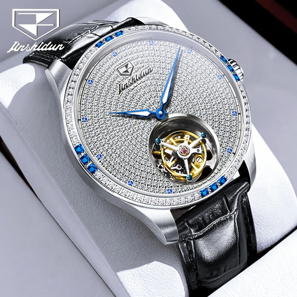 JSDUN - Montre Automatique Tourbillon pour Homme avec Bracelet en Cuir et Verre Saphir