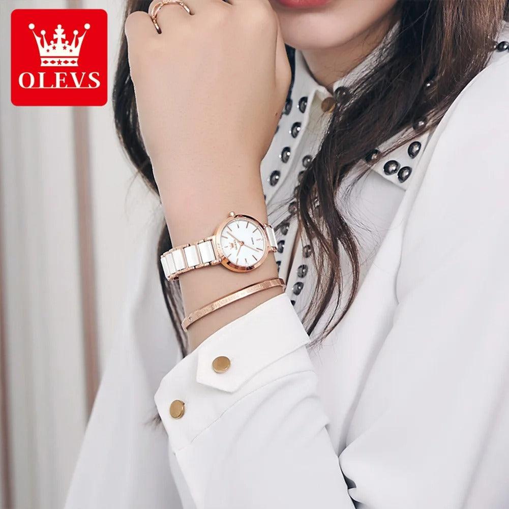 OLEVS – montre-bracelet en céramique blanche pour femmes