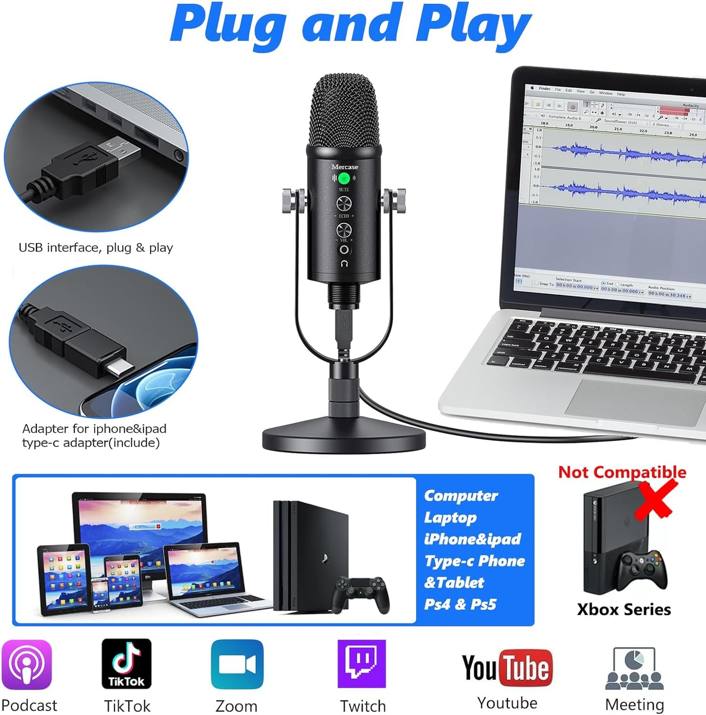 Mercase USB Microphone for Phone, Computer, PS4/PS5