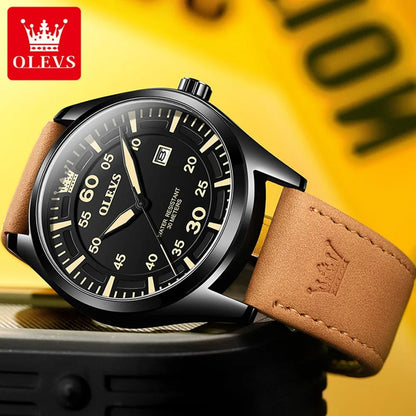 OLEVS-Montre-bracelet militaire en cuir conviviale ré étanche pour homme