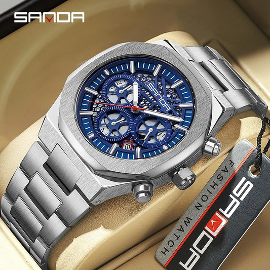 Sanda-Montre-bracelet avec bracelet en acier inoxydable pour homme d'affaires