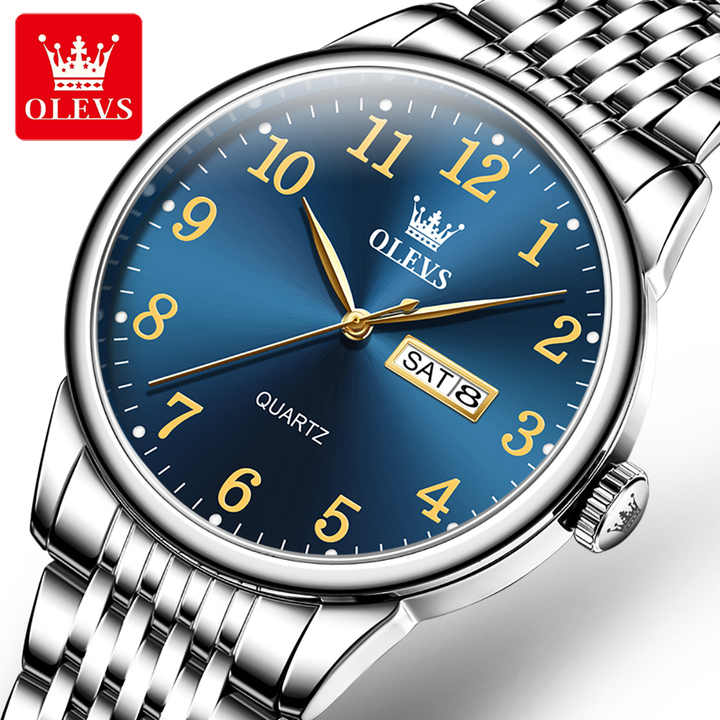 OLEVS-Montre à quartz en acier inoxydable avec bracelet en cuir pour homme