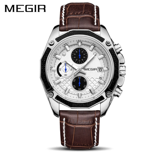 MEGIR-Montre Militaire en Cuir group pour Homme, Chronographe Étanche