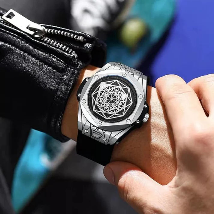 Montre à quartz pour hommes à motif géométrique