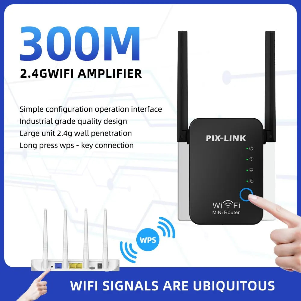 PIX-Link WiFi Répéteur amplificateur de Signal, 4 Antennes Externes 2.4GHz Haute Vitesse 300Mbs Wi-FI