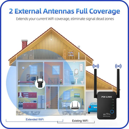 PIX-Link WiFi Répéteur amplificateur de Signal, 4 Antennes Externes 2.4GHz Haute Vitesse 300Mbs Wi-FI