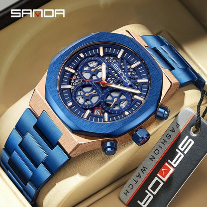 Sanda-Montre-bracelet avec bracelet en acier inoxydable pour homme d'affaires