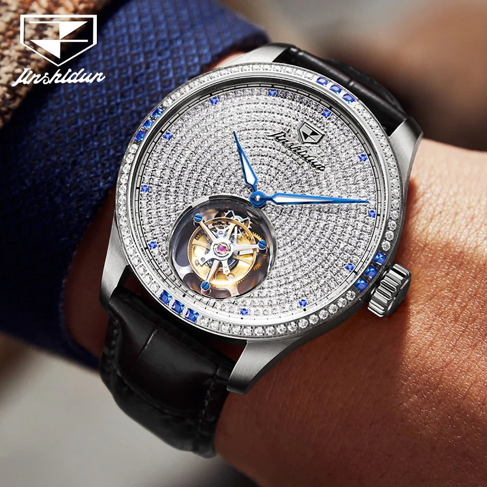 JSDUN - Montre Automatique Tourbillon pour Homme avec Bracelet en Cuir et Verre Saphir