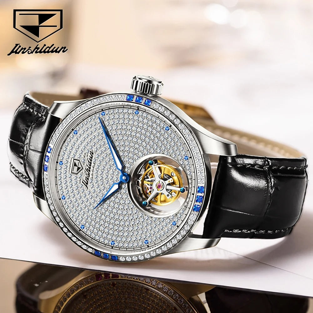 JSDUN - Montre Automatique Tourbillon pour Homme avec Bracelet en Cuir et Verre Saphir