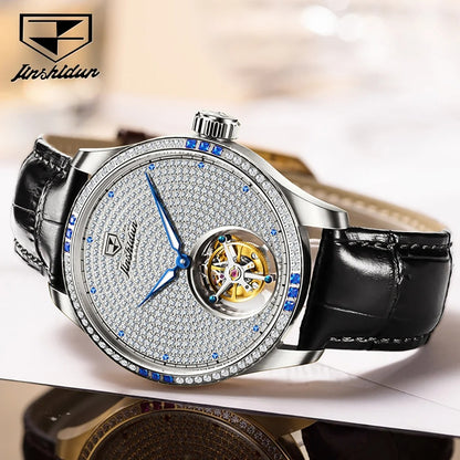 JSDUN - Montre Automatique Tourbillon pour Homme avec Bracelet en Cuir et Verre Saphir