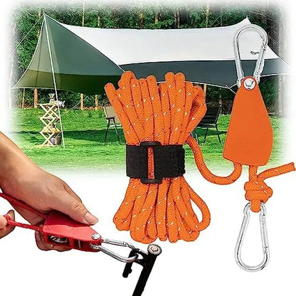 Corde de camping portable réglable à poulie à dégagement rapide, haute résistance.