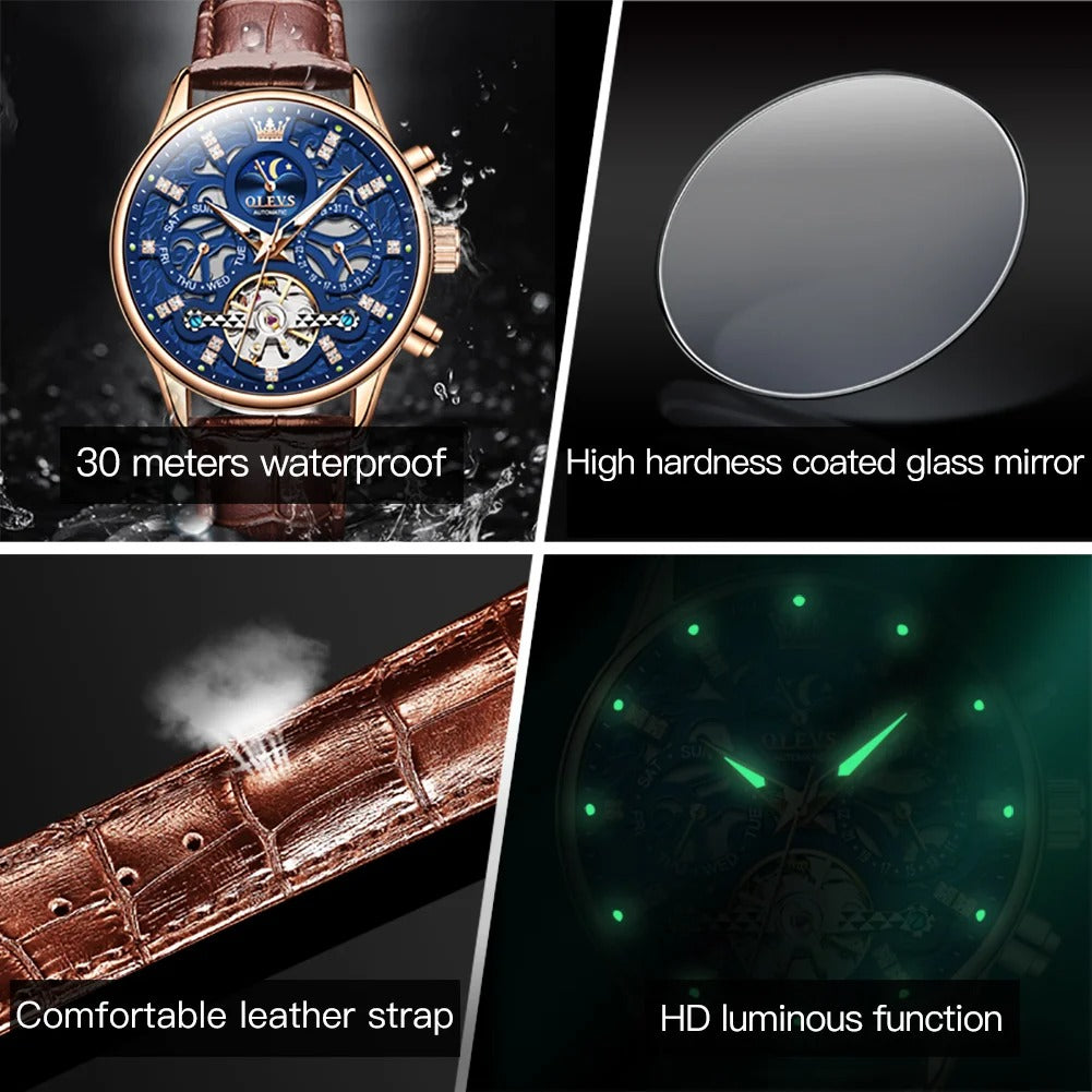 Montre-Bracelet Automatique OLEVS pour Homme - Évidée avec Phase de Lune