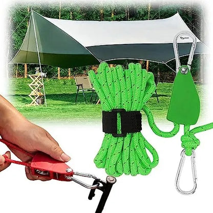 Corde de camping portable réglable à poulie à dégagement rapide, haute résistance.