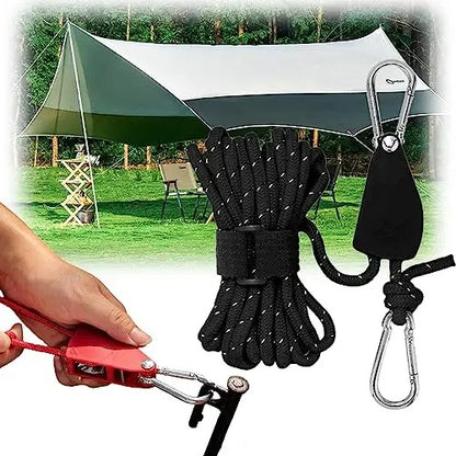 Corde de camping portable réglable à poulie à dégagement rapide, haute résistance.