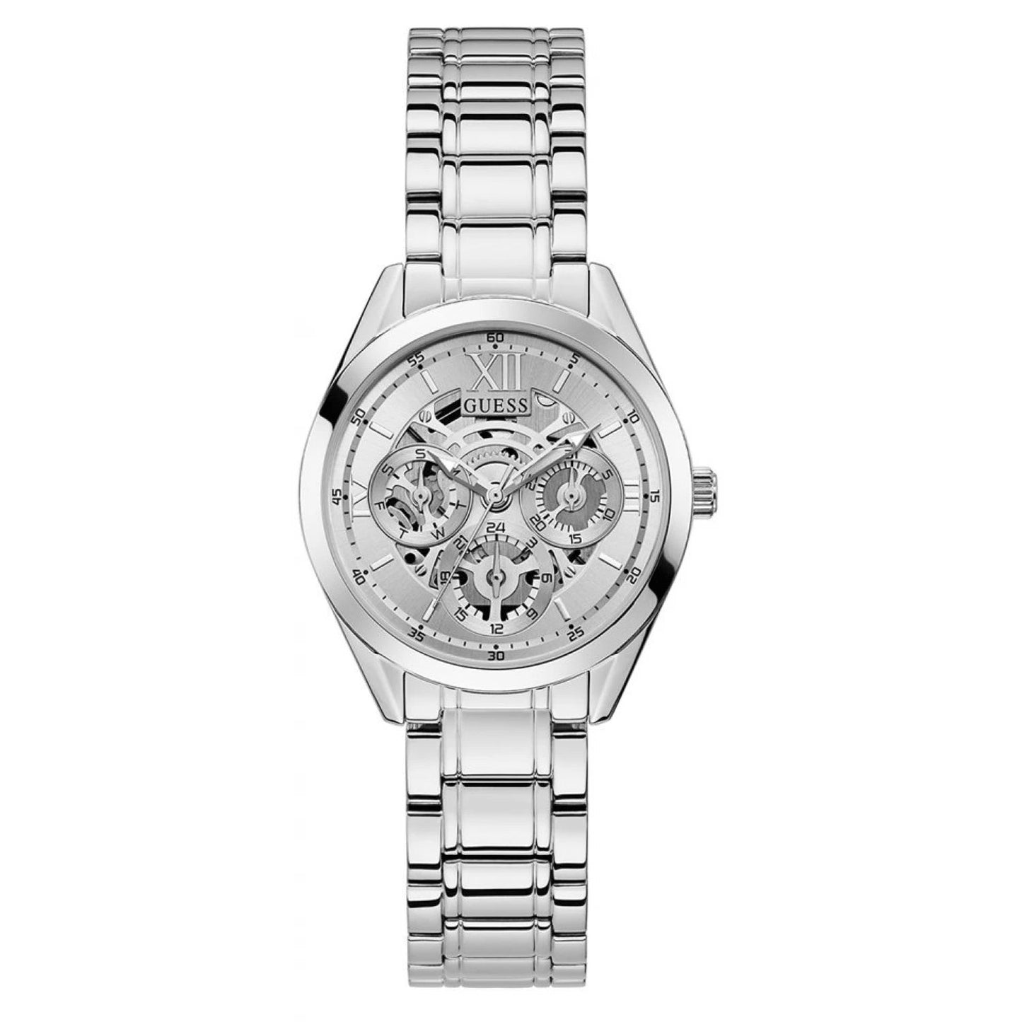 GUESS Montre à quartz pour femme avec bracelet en acier inoxydable, argent